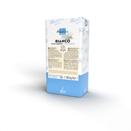 Base liquide Martini Gelato Bianco de 1 litre, emballage blanc et bleu avec détails de l'étiquette du produit.