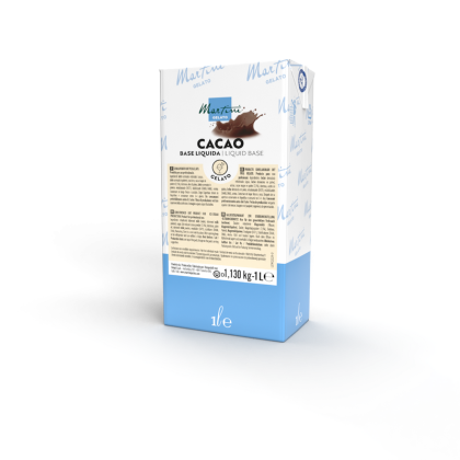 Brique de 1 litre de base liquide Martini Gelato Cacao, emballage bleu et blanc avec éclaboussure de chocolat