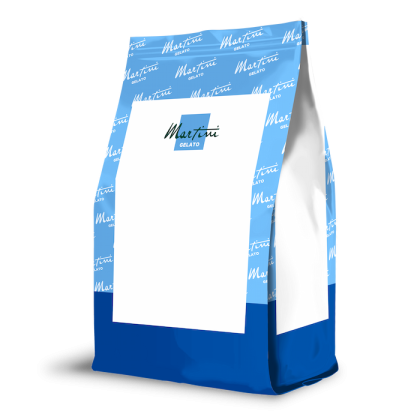 Sachet debout à motif bleu clair en haut, bleu foncé en bas, étiquette blanche "Martini Gelato"