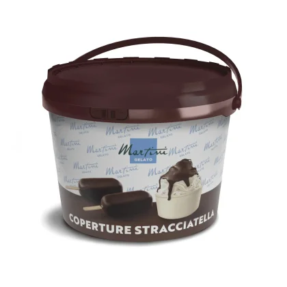 Seau en plastique marron de couverture chocolat Martini Gelato étiqueté « Coperture Stracciatella », avec barre enrob...
