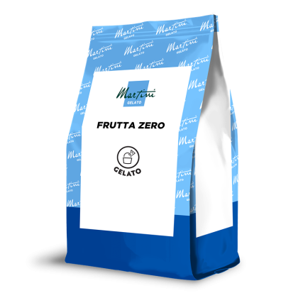 Sachet debout bleu clair et bleu foncé Martini Gelato Frutta Zero avec étiquette blanche et icône de cuillère à glace.