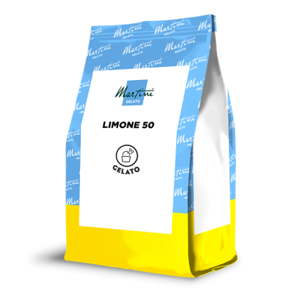 Sachet doypack bleu et jaune de Martini Gelato Limone 50, poudre pour glace, étiquette blanche.