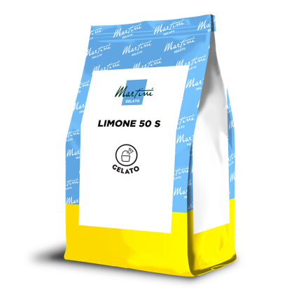 Sachet debout bleu et jaune étiqueté "Martini Gelato Limone 50 S" avec icône de cuillère à gelato.