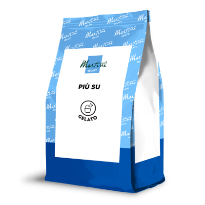 Sachet debout bleu et blanc étiqueté "Martini Gelato Più Su" avec icône de cuillère à gelato.