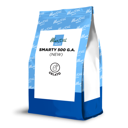 Sachet debout bleu et blanc étiqueté Martini Gelato Smarty 500 G.A. (Nouveau), sachet de gelato.