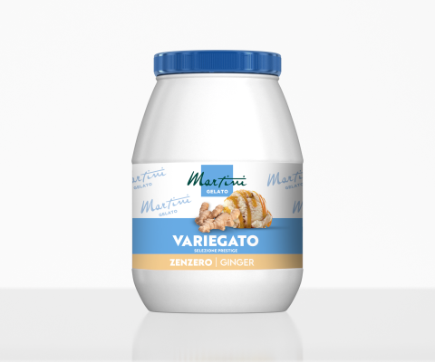 Pot plastique blanc à couvercle bleu, Martini Gelato Variegato Zenzero gingembre, avec images de racine et gelato