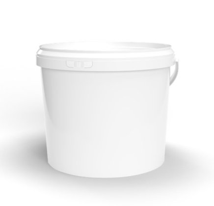Seau en plastique blanc avec couvercle à clipser et poignée latérale, sur fond blanc