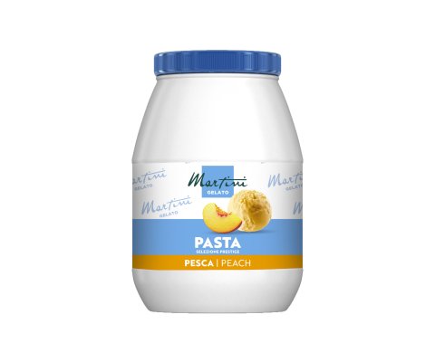 Pot en plastique blanc à couvercle bleu, étiquette Martini Gelato Pasta Selezione Prestige saveur pêche, avec images ...