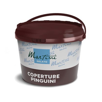 Seau en plastique brun foncé avec poignée, étiqueté Martini Gelato Coperture Pinguini, enrobage chocolat