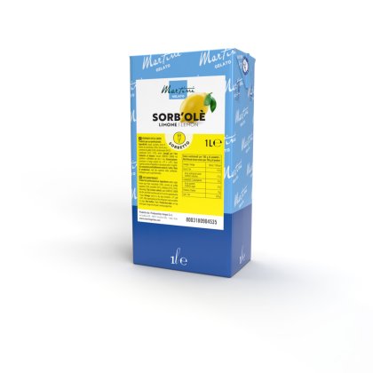 Brique bleue 1L Martini Gelato Sorb'Olè sorbet citron, étiquette jaune illustrée de citrons