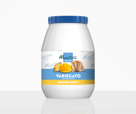 Pot en plastique blanc à couvercle bleu, étiqueté "Martini Gelato Variegato Summer Party", avec mangue, ananas et bis...