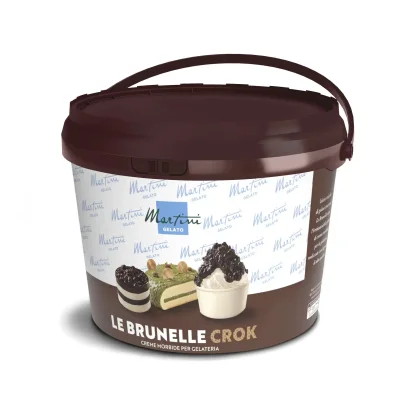 Seau plastique marron de Martini Gelato "Le Brunelle Crok", crème glacée soft, étiqueté Creme Morbide per Gelateria.