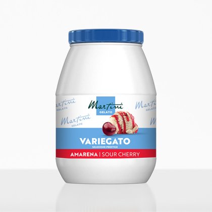 Pot en plastique blanc de Martini Gelato Variegato Amarena Sour Cherry avec couvercle bleu et étiquette glace à la ce...