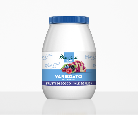 Pot en plastique blanc à couvercle bleu, étiquette Martini Gelato Variegato Frutti di Bosco Wild Berries, avec baies ...