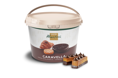 Seau de pâte à tartiner au chocolat Master Martini Caravella à côté d'une part de dessert nappée de chocolat.