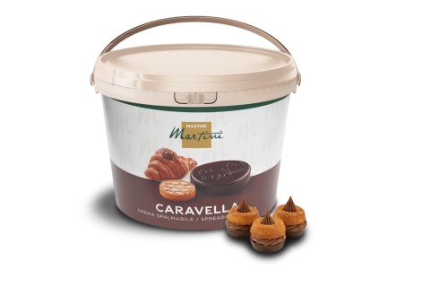 Grand seau de crème à tartiner Master Martini Caravella, avec pâtisseries et chocolats à côté