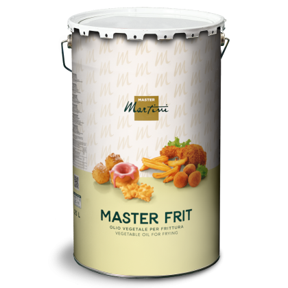 Bidon métallique d'huile de friture Master Martini « Master Frit », étiquette beige avec images de fritures, 25L