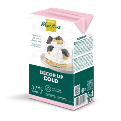 Crème fouettée sucrée Master Martini Decor Up Gold, brique 1L, 31% MG, avec image de chou à la crème