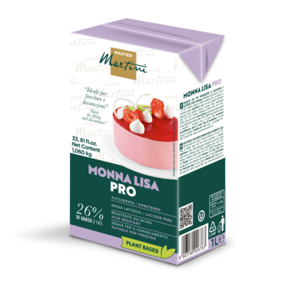 Crème fouettée végétale Master Martini Monna Lisa Pro, brique de 1L, sans lactose, avec visuel de gâteau aux fraises