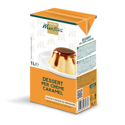 Carton de 1L du mix dessert crème caramel Master Martini avec un flan au caramel sur assiette blanche.