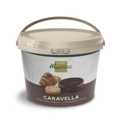 Seau beige de crème de chocolat à tartiner Master Martini Caravella, étiquette croissant et biscuits