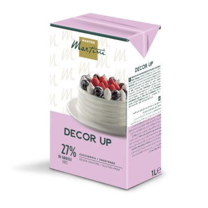 Crème fouettée sucrée Master Martini Decor Up 1L, 27% MG, sans gluten, emballage rose illustré d'un gâteau