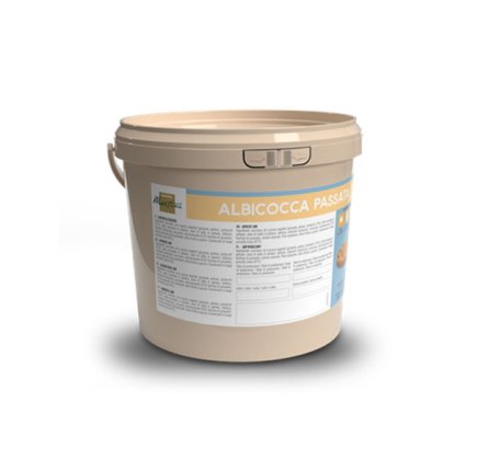 Seau plastique beige étiqueté « Albicocca Passata » purée d'abricot, avec texte d'information en façade.