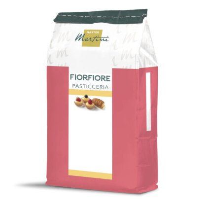 Sachet rouge et blanc de préparation pâtissière Master Martini Fiorfiore Pasticceria avec images de pâtisserie sur l'...