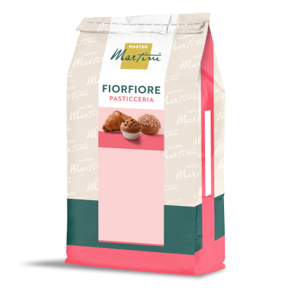 Sachet de mélange de farine Master Martini Fiorfiore Pasticceria, emballage crème, rose et bleu canard avec images de...
