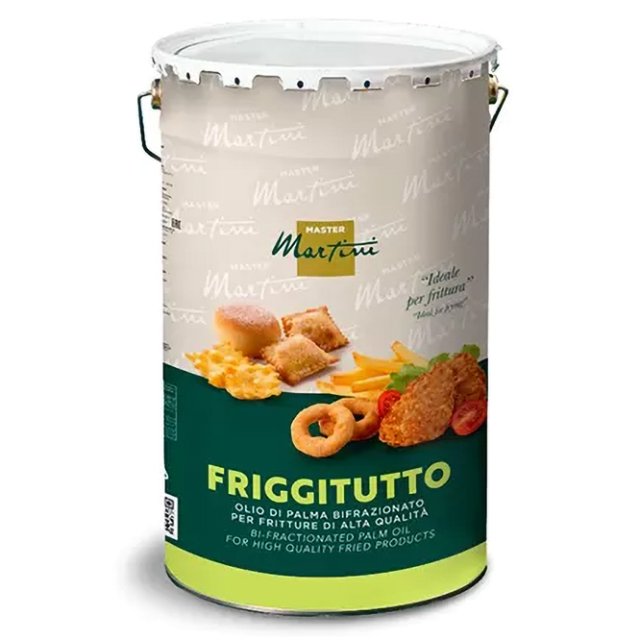 Seau métallique d'huile de palme bifractionnée Master Martini Friggitutto, étiquette verte avec images de fritures.