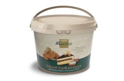 Seau plastique beige de crème à tartiner Master Martini Gran Caravella avec images de croissant et gâteau en couches