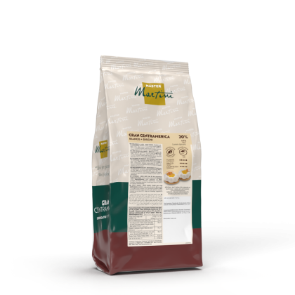 Sachet de pastilles de chocolat blanc Master Martini Gran Centramerica, 20% cacao, emballage crème, vert et bordeaux.