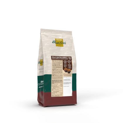 Doypack de pistoles de chocolat noir Master Martini Gran Centramerica 16%, emballage crème, vert et bordeaux.