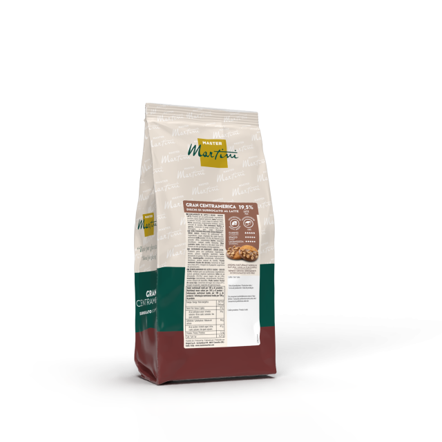 Sachet debout de pastilles de chocolat au lait Master Martini Gran Centramerica 19,5%, emballage crème, vert et bordeaux