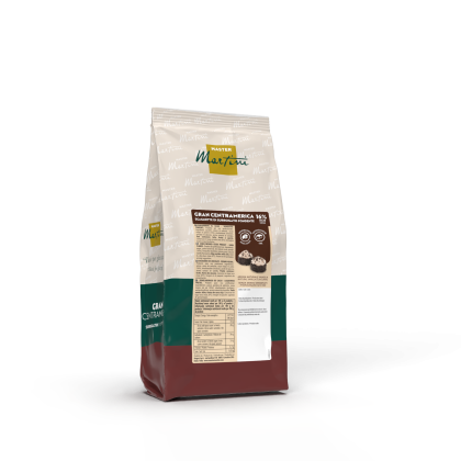 Sachet de pistoles de chocolat Master Martini Gran Centramerica 16%, emballage crème, vert et bordeaux, fond blanc.