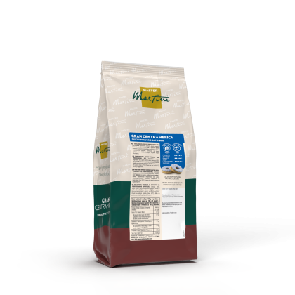 Sachet de café Master Martini Gran Centramerica à l'emballage beige, vert et bordeaux avec étiquette nutritionnelle