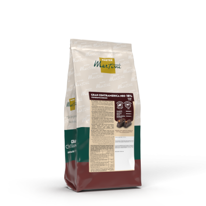 Sachet de pastilles de chocolat noir Master Martini Gran Centramerica Neo 18%, emballage blanc, vert et bordeaux.