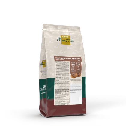Sachet de pastilles de chocolat au lait Master Martini Gran Centramerica Neo 13%, emballage crème, vert et bordeaux