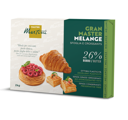 Boîte Master Martini Gran Master Melange 2kg, beurre 26%, avec croissant, viennoiserie danoise et feuilletés.