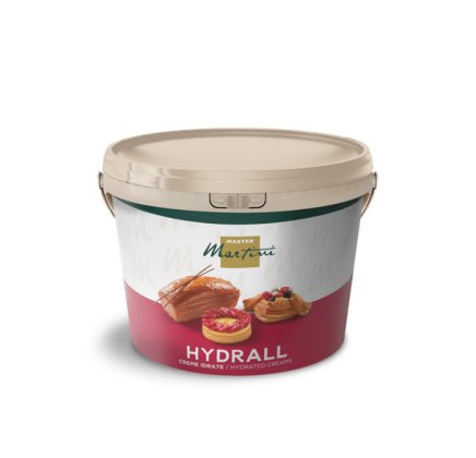 Seau beige de crèmes hydratées Master Martini Hydrall, étiqueté pâtisseries et tartes aux fruits
