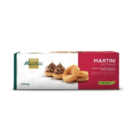 Boîte Master Martini Gateaux, 2500g, pâte brisée végétale avec tartelettes crème chocolat et anneaux de pâte.