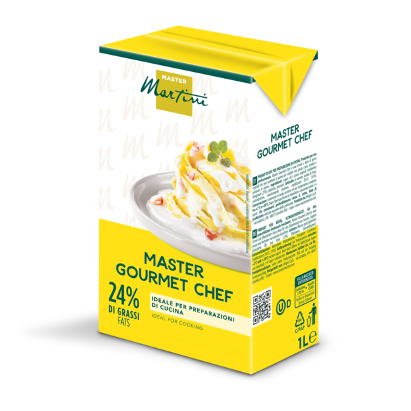 Brique jaune 1L de crème culinaire Master Martini Gourmet Chef, 24% MG, avec une image de pâtes sur l'étiquette.