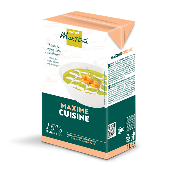Brique de 1L de crème cuisine Master Martini Maxime Cuisine, 16% de matière grasse, avec une soupe verte sur l'étique...