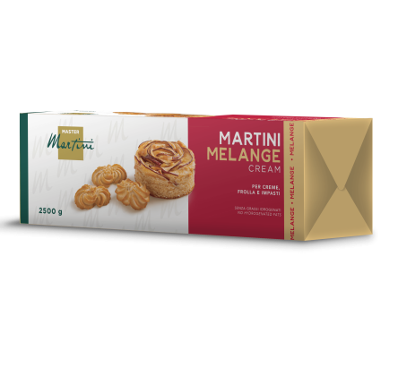 Boîte de Master Martini Melange Cream, 2500g, avec pâtisseries cuites et sablés sur l'emballage.