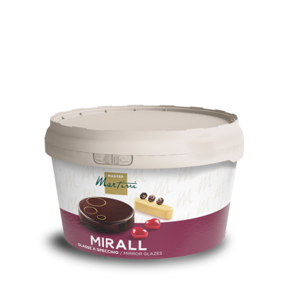 Seau de glaçage miroir Master Martini Mirall, couvercle beige et étiquette bordeaux avec desserts brillants.