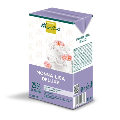 Brique violette de 1L de crème fouettée Master Martini Monna Lisa Deluxe, 25% MG, avec image de gâteau à étages.