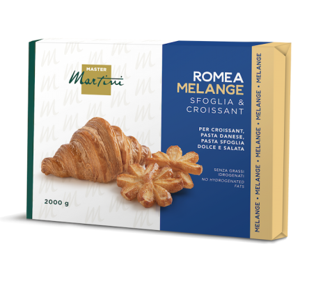 Boîte de 2000g de matière grasse pour croissants Master Martini Romea Melange, avec croissant et viennoiserie en étoile
