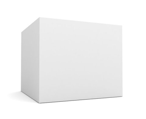Maquette de boîte rectangulaire blanche vierge sur fond blanc uni, vue en léger angle