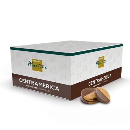 Boîte de chocolat compound Master Martini Centramerica blanche et marron à côté de gaufrettes rondes enrobées de choc...