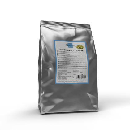Marfuli éclats de pistache 1kg sachet aluminium argenté, étiquette bleue, fond blanc
